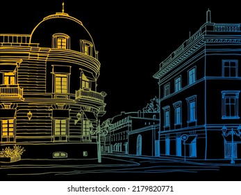 Colourful Urban landscape in hand drawn sketch style. Nice cityscape of old Odessa, Ukraine.  Ink line sketch. Vector illustration on black. Without people.