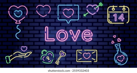 Colourful Valentines day neon collection. Love stickers and icons. Isolated neon elements. Baloon, hearts, chat, calendar, envelope, bottle, lock and key, hand. Wedding concept. Vector illustration. 