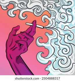 Farbige Vektorgrafik der Hand mit der Zigarette. Illustration zur Zigarette. Doodles und Linien abstrakte handgezeichnete Vektorkunst.