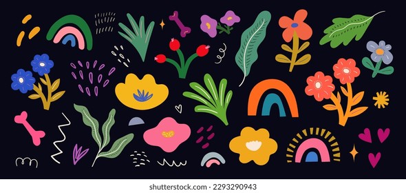 colecta de flores de colores vivos vectoriales con flores, hojas, ramos florales, arcos	