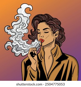 Colourful vector cartoon art with the abstract smoking woman. Cigarette illustration. Doodles and lines abstract hand-drawn vector art.