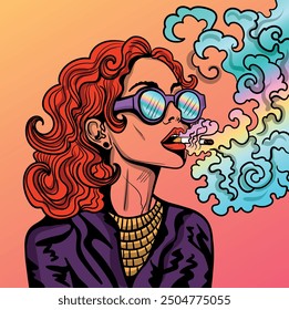 Colourful vector cartoon art with the abstract smoking woman. Cigarette illustration. Doodles and lines abstract hand-drawn vector art.