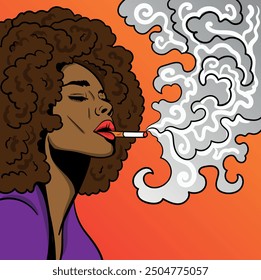 Colourful vector cartoon art with the abstract smoking woman. Cigarette illustration. Doodles and lines abstract hand-drawn vector art.