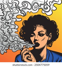 Colourful vector cartoon art with the abstract smoking woman. Cigarette illustration. Doodles and lines abstract hand-drawn vector art.