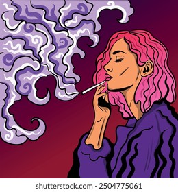 Colourful vector cartoon art with the abstract smoking woman. Cigarette illustration. Doodles and lines abstract hand-drawn vector art.