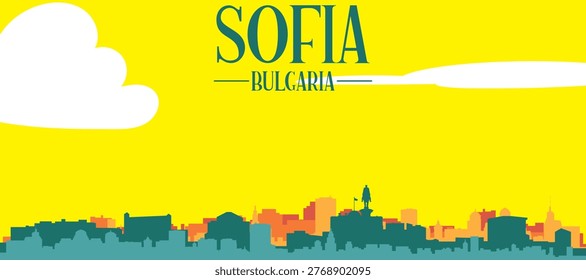 A colourful vector cityscape with sunset tones representing retro minimalist tourist poster skyline of SOFIA, BULGARIA