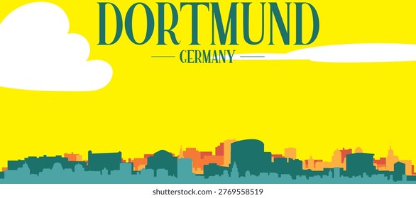 A colourful vector cityscape with sunset tones representing retro minimalist tourist poster skyline of DORTMUND, GERMANY