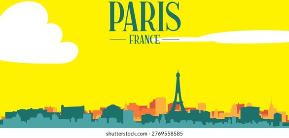 A colourful vector cityscape with sunset tones representing retro minimalist tourist poster skyline of PARIS, FRANCE