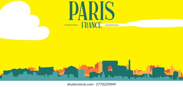 A colourful vector cityscape with sunset tones representing retro minimalist tourist poster skyline of PARIS, FRANCE