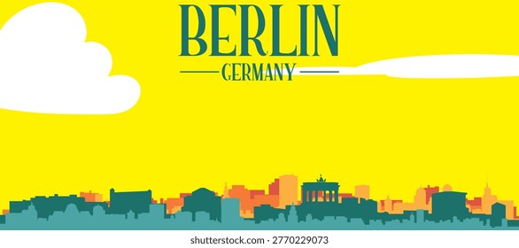 A colourful vector cityscape with sunset tones representing retro minimalist tourist poster skyline of BERLIN, GERMANY