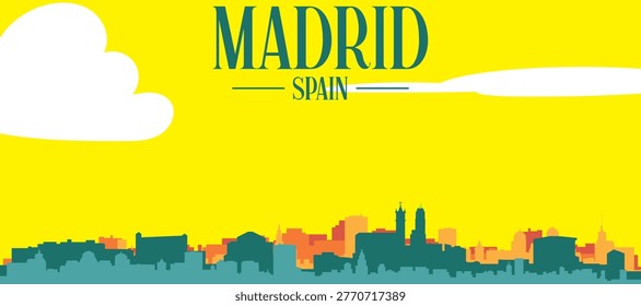 A colourful vector cityscape with sunset tones representing retro minimalist tourist poster skyline of MADRID, SPAIN