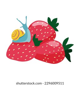 Colourful vector design of hand drawn snail sitting on strawberries. 