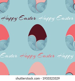 Colourful Vector Easter Egg silhouettes with egg shells on light blue background. Decorative seamless greeting card illustration with Happy Easter message. 