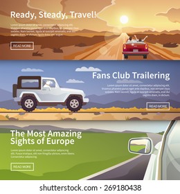 Colourful  Vector Flat Banner Set For Your Business, Web Sites Etc. Quality Design Illustrations, Elements And Concept. Journey By Car. Fans Club Trailering. Trip To Europe.