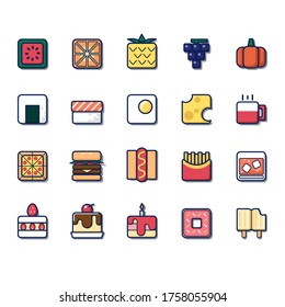 Colourful vector food set. Fruit, egg, sweets, sushi, pizza, hamburger, hotdog, cake, pudding, donut.