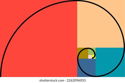 Colourful vector graphic of a line following the mathematical shape known as the golden spiral. It is also known as the Fibonacci spiral