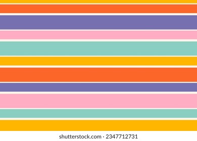 Colourful vector horizontal stripes pattern. Simple seamless texture with thick straight lines. Stylish abstract geometric striped background in bright colors, yellow, pink, orange, purple, turquoise