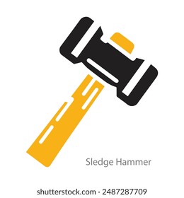 Colourful vector icon of a sledge hammer with a yellow handle and black head. Perfect for construction, demolition, and heavy-duty tool graphics. Isolated on a white background