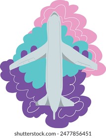 Colourful vector illustration of an airplane top view flying above clouds