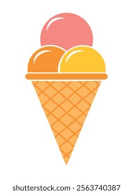 Colourful vector illustration of delicious ice cream in a waffle cone on a white background