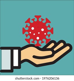 Colourful vector illustration of Man's hand with full suit and red colour corona virus on hand 