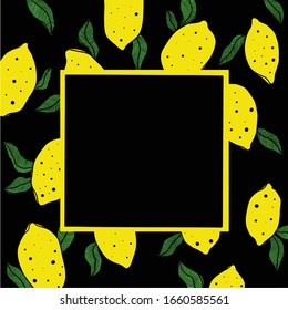 Colourful vector illustration. Square frame. Lemons with leaves.