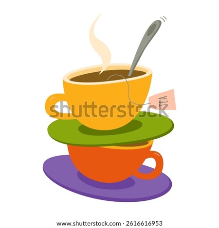 Colourful vector illustration of stacked tea cups with saucers and spoon. Hot tea bag inside top cup with steam. Cozy, warm drink concept in flat modern style on white background.