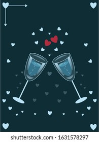 Colourful vector illustration with two glasses on blue-green background. Romantic evening for couple