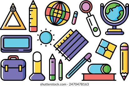 Colourful Vector images of colorful school supplies like notebooks, pencils, backpacks, and rulers, symbolizing preparation for the new school year.