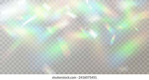 Colourful vector lens, crystal rainbow light and flare transparent effects.Overlay for backgrounds.Triangular prism concept.