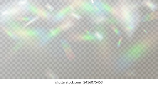 Lente vectorial colorida, luz arco iris de cristal y efectos transparentes de la bengala.Superposición para fondos.Concepto de prisma triangular.