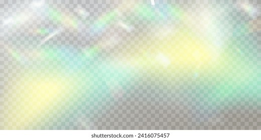 Lente vectorial colorida, luz arco iris de cristal y efectos transparentes de la bengala.Superposición para fondos.Concepto de prisma triangular.