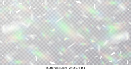 Colourful vector lens, crystal rainbow light and flare transparent effects.Overlay for backgrounds.Triangular prism concept.