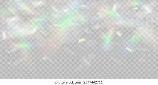 Colourful vector lens, crystal rainbow light and flare transparent effects.Overlay for backgrounds.Triangular prism concept.	