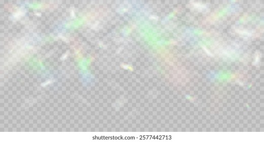 Colourful vector lens, crystal rainbow light and flare transparent effects.Overlay for backgrounds.Triangular prism concept.	