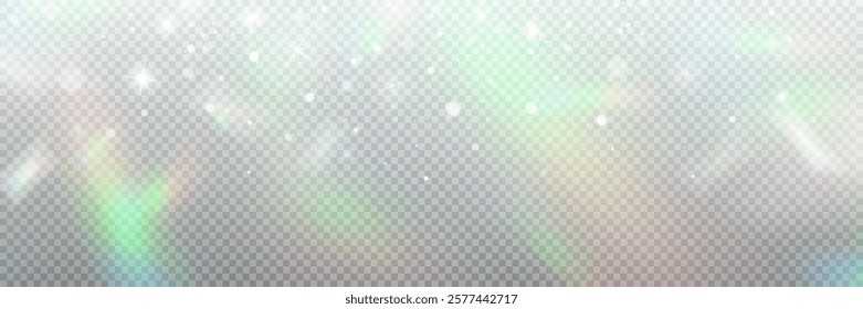 Colourful vector lens, crystal rainbow light and flare transparent effects.Overlay for backgrounds.Triangular prism concept.	