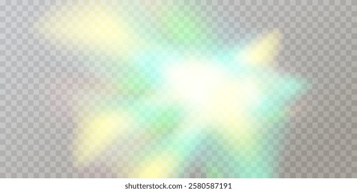 Colourful vector lens, crystal rainbow light and flare transparent effects.Overlay for backgrounds.Triangular prism concept.	