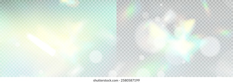 Colourful vector lens, crystal rainbow light and flare transparent effects.Overlay for backgrounds.Triangular prism concept.	