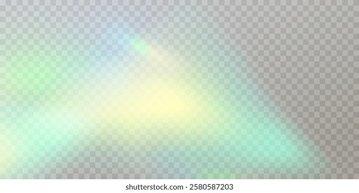 Colourful vector lens, crystal rainbow light and flare transparent effects.Overlay for backgrounds.Triangular prism concept.	