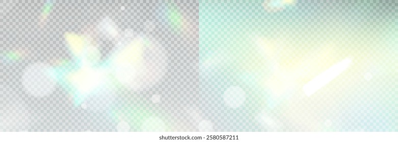 Colourful vector lens, crystal rainbow light and flare transparent effects.Overlay for backgrounds.Triangular prism concept.	