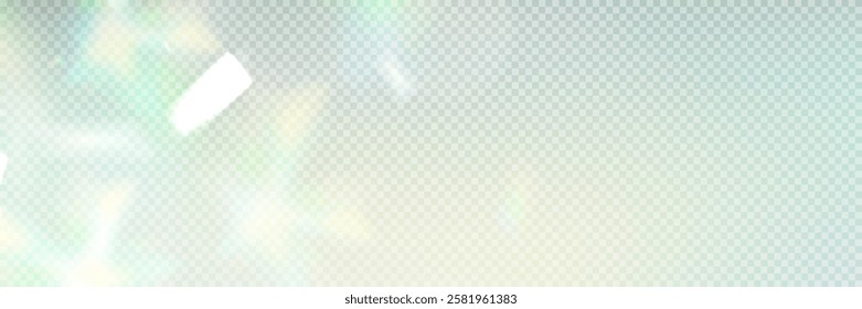 Colourful vector lens, crystal rainbow light and flare transparent effects.Overlay for backgrounds.Triangular prism concept.	