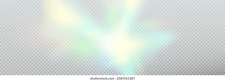 Colourful vector lens, crystal rainbow light and flare transparent effects.Overlay for backgrounds.Triangular prism concept.	
