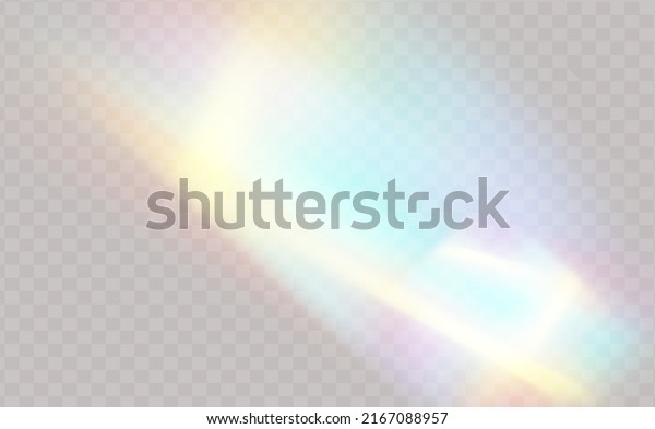 Colourful vector lens, crystal rainbow  light 
and  flare transparent effects.Overlay for backgrounds.Triangular
prism concept.