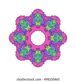 Colourful vector mandala or arabesque. Weave ornament. Decorative design element for wedding invitation, flower boutique identity. Background for meditation poster. Fantasy flower oriental vector.