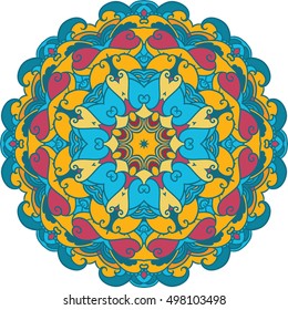 Colourful vector mandala or arabesque. Weave ornament. Decorative design element for wedding invitation, flower boutique identity. Background for meditation poster. Fantasy flower oriental vector.