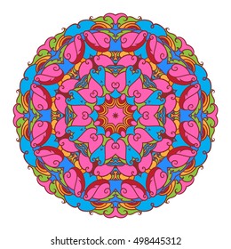 Colourful vector mandala or arabesque. Weave round ornament. Decorative design element for wedding invitation, flower boutique identity. Yoga logo, background for meditation poster. Oriental vector.