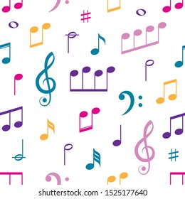 Colourful vector music notes seamless pattern on white