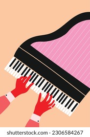 Colourful vector piano music poster with hand drawn style. Jazz, live music, pianist.