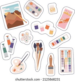 Colourful vector set with art tools and supplies for an artist. Paint brush, pencil, tubes, paints, palette.  Concept of creativity and handmade. Hobby at home or at art studio. Hand drawn design