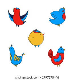 Colourful vector set of funny birds, flat illustrations, hand drawn